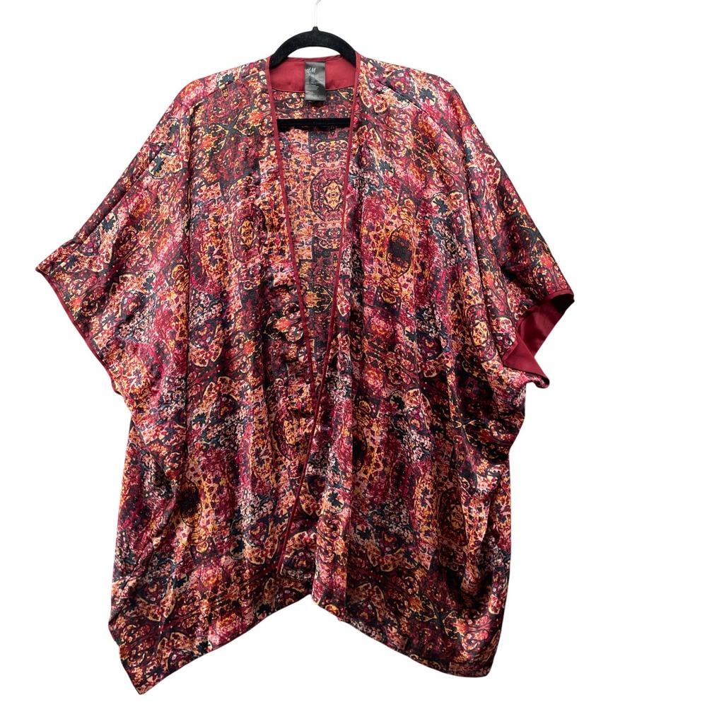 H&M Satin Kimono Cardigan Wrap Womens OS Red Paisley Boho Print Open Front
